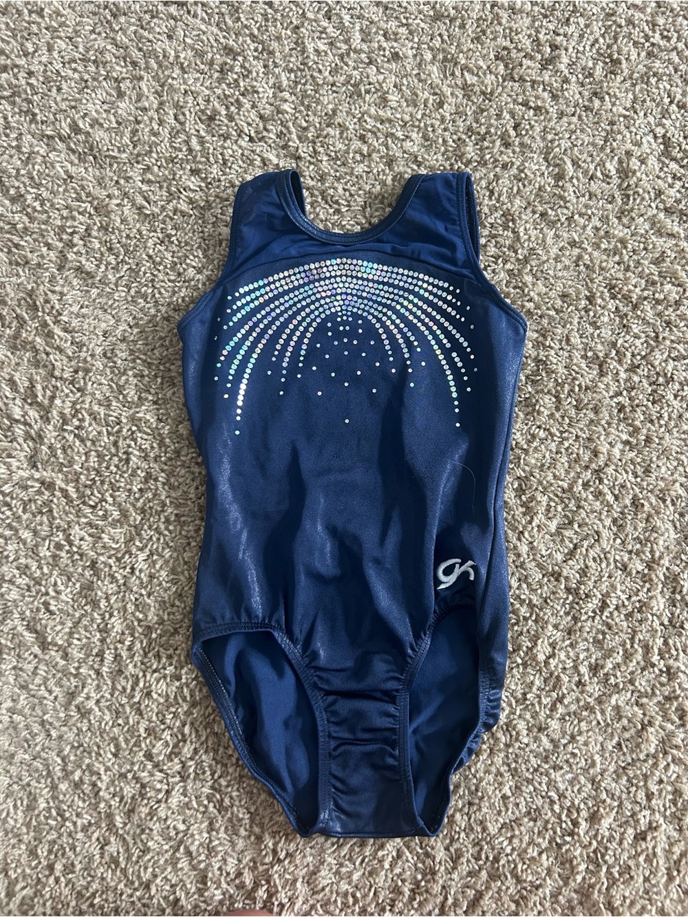 GK Navy Blue Gymnastics Leotard with Iridescent Rhinestone Arc